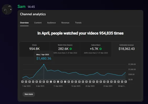 Sam — 954K views en $18.362